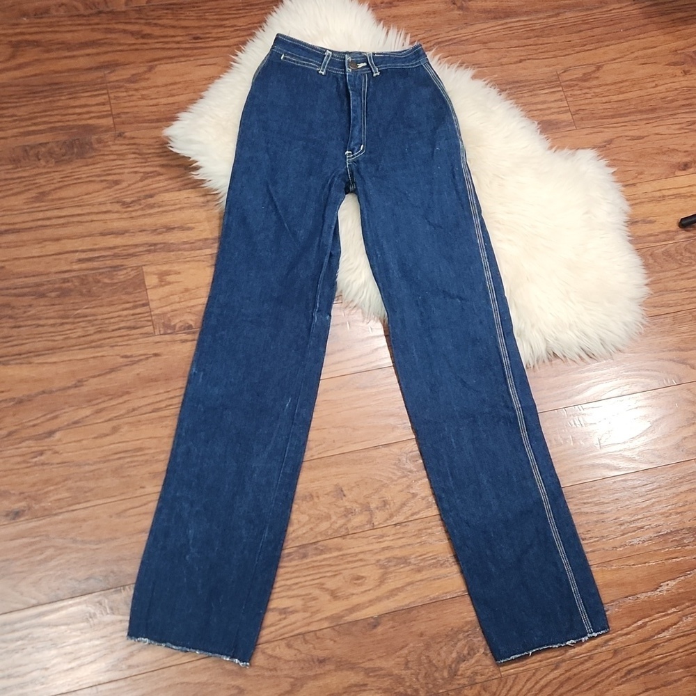 Vintage 70's Organically Grown Embroidered Pocket High Rise Dark Wash Jeans - Picture 3 of 10